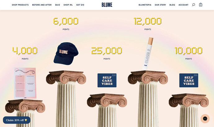 Blume的忠诚度计划页面展示了会员可以使用Blume Bucks兑换的奖励示例。