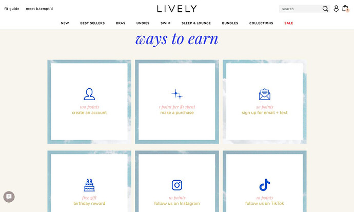 Lively Rewards的客户忠诚度计划页面，附带积分获取方式的示例。