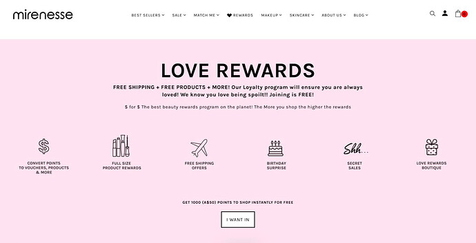 Mirenesse Love Rewards的忠诚度计划页面列出了诸如秘密促销和生日惊喜等专属福利。
